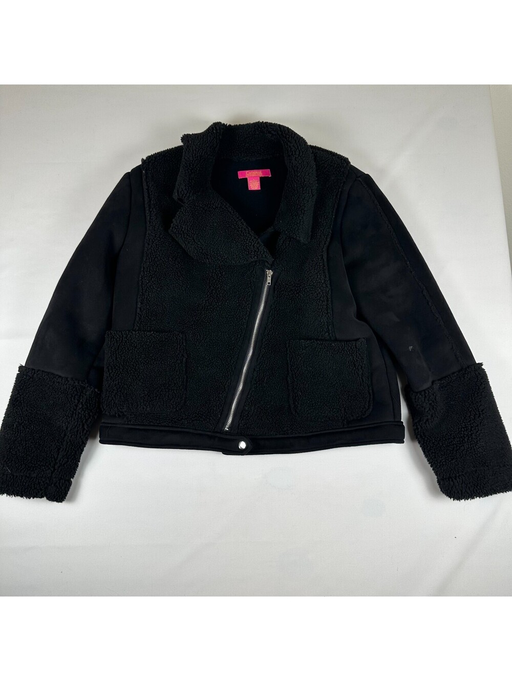 Catherine Malandrino Womens L Black Faux Suede Sherpa Asymmetric Zip Moto Jacket